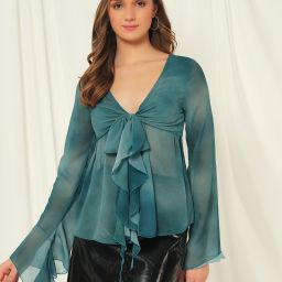 Casual Flared Sleeves Tie & Dye Women Green Top-image-6