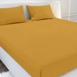 mayfair homes london Yellow Solid 210 TC Cotton Fitted Bedsheet with 2 Pillow Covers Satin Stripe 2024 Collection-picture-1
