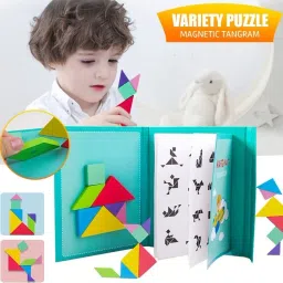 bestie toys Travel Wooden Tangram Puzzle Magnetic Pattern Block Book with Solution 3D Puzzle image 5