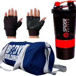 BODY BUILDING BLUE GYM BAG LYCRA BLACK GLOVE WITH SPIDER SHAKER RED Fitness Accessory Kit Kit-image-51