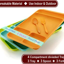 Unbreakable Plastic Plate with Spoon and Fork, Lunch, Dinner,breakfast. Sectioned Plate-image-47