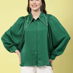 mafadeny Casual Regular Sleeves Striped Women Green Top-picture-14