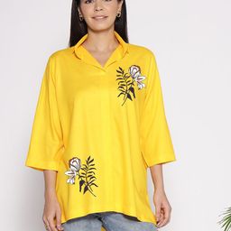 LetsDressUp Floral Printed Shirt Collar High Low Top-image-72