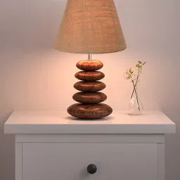 Walnut Multi-Pebble Wood Table Lamp with Brown Jute Shade LED Bulb Included, Table Lamp-1