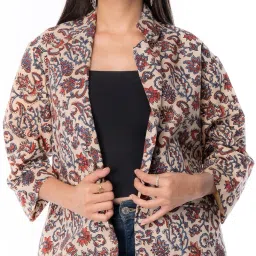 Cotton Hand Block Neck Printed Coat For Women-image-4