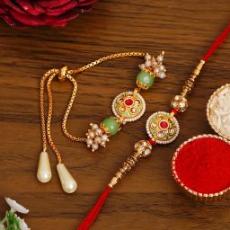 Bhaiya Bhabhi RAKHI224@51 Gold Finish Lumba Set-image-35