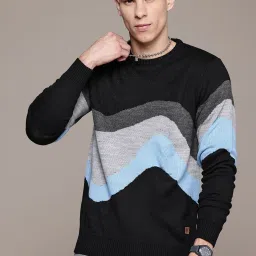 Men Colorblock Round Neck Black Sweater-image-58