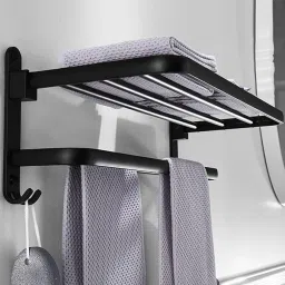 Bathroom Towel Rack | 16-Inch Foldable Towel Shelf | Space-Saving Towel Holder Matte Black Towel Holder-image-3