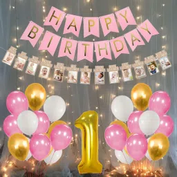 Solid 1st Birthday Decorations Kit For Baby Girl With Warm Led Light Set Happy Birthday Banner 1-12 Month Milestone Banner Number 1 Foil Balloon And Metallic Balloons Combo 34Pcs For Girls Birthday Party Supplies Balloon-image-62