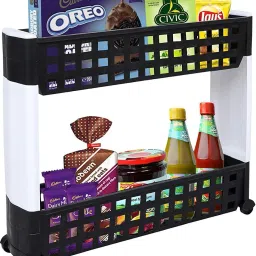 2 Layer | Black & White | SLIM Modern - Smart Storage Organizer – Multipurpose & Easy-To-Move Slide Out Shelf Rack Trolley (Plastic) With Wheels for Kitchen | Bedroom | Bathroom | Home | Pantry | Washing & Utility Area Plastic Kitchen Trolley-image-0