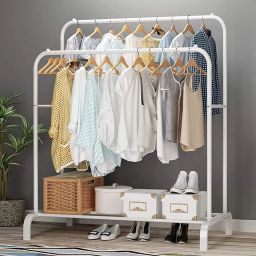Steel Floor Cloth Dryer Stand Metal Garment Rack with Top Rod and Lower Storage Shelf with Hooks-image-10