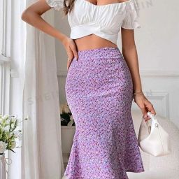 Women Printed Flared Purple Skirt-image-2