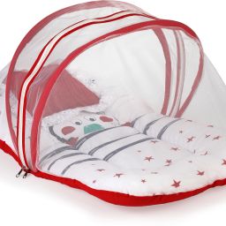 Mosquito Net with Zip Closure & Neck Pillow Cotton Baby Bed Sized Bedding Set-image-1