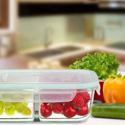 Glass Storage Bowl 3 Compartment Rectangular Glass Storage Bowl Set with Clamp Plastic Multicolour Lid (1000ML) (1 PCS)-image-82