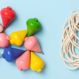 Set of 10 Multicolor Spinning Tops with Durable String – Traditional-5