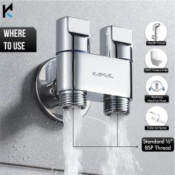 kamal Two Way Angle Valve Nero | Full Brass | Minimalist Design Space Saving Single Inlet Two Outlet | Use with health faucet, washing machine Twin Elbow Valve Faucet image 5