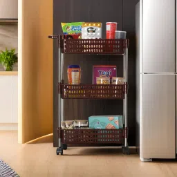 Multipurpose 3-Layer Storage Revolving Rack with Wheels | Brown Plastic Kitchen Trolley-98