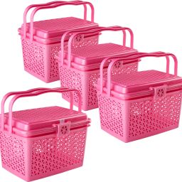Plastic Pack of 4 Multipurpose Small Storage Box with Lid & Handle | Barbie Pink Storage Basket-13