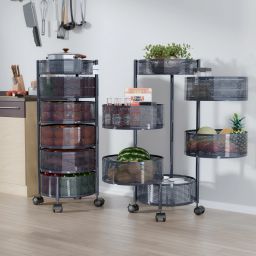 Pack of 2 Kitchen 5+1 Layer Storage Rack with Wheels | Round Shape - Dark Grey Iron Kitchen Trolley-15