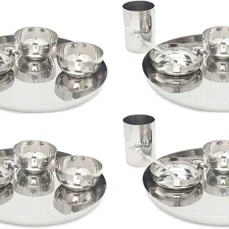 Pack of 24 Steel Heavy Guage high Quality 24 Pcs(4 Dinner Plate, 4 Glass, 8 Bowl/Wati, 4 Spoon, 4 Halva Plate) Modern Look Stainless Steel Dinner Set Dinner Set-image-4