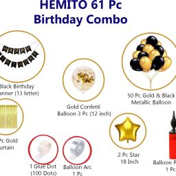 hemito Solid 61pcs Birthday Banner Golden Foil Curtain Metallic Confetti Balloons With Hand Balloon Pumo And Glue Dot for Boys Girls Wife Adult Husband Mom Dad/Happy Birthday Decorations Items Set Balloon image 2