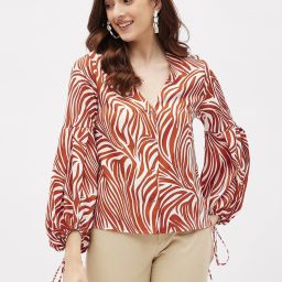 Casual Flared Sleeves Graphic Print Women Brown Top-image-66