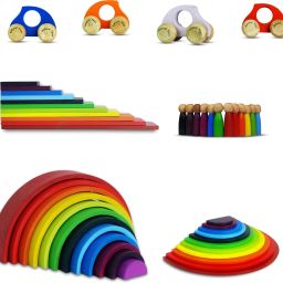 Wooden Rainbow 12Pcs Stacking Toy+11PC Semi Circle+11PC Plank+12 Peg Doll+4 Cars-21