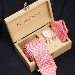 LOUIS STITCH Men Salmon Peach Italian Silk Necktie Accessory Gift Set-image-89