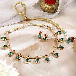 Rubans 22K Gold-Plated Emerald Green & Ruby Red Stone-Studded Adjustable Necklace Set-14