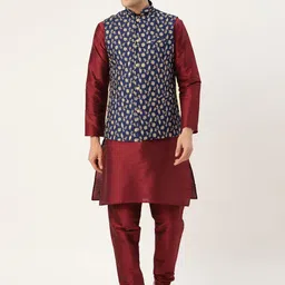 SOJANYA Men Maroon & Navy Blue Solid Kurta with Churidar & Nehru Jacket-picture-50