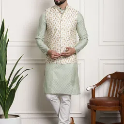 SOJANYA Ethnic Motifs Woven Design Band Collar Kurta With Pyjamas & Nehru Jacket-9