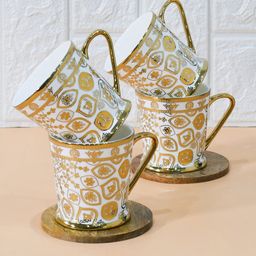 Femora White & Gold-Toned 4 Pieces Printed Ceramic Glossy Coffee & Tea Cup image 1