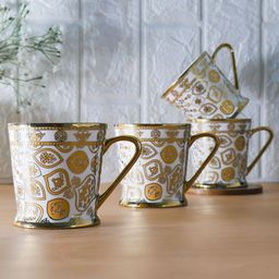Femora White & Gold-Toned 4 Pieces Printed Ceramic Glossy Coffee & Tea Cup image 4