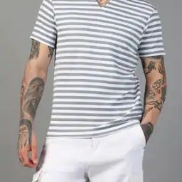 Shein Notched Neck Short Sleeves Striped Tshirt-image-31