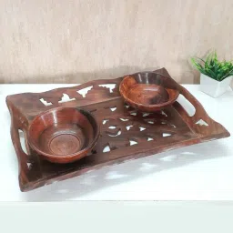 disoo fashions Brown Handpainted Wood 2 Pc Bowls With Serving Tray-picture-26