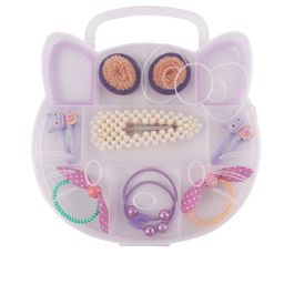 FOLIYAJ Girls Set Of 13 Purple Beaded Hair Accessory With Cat Shape Storage Box-104