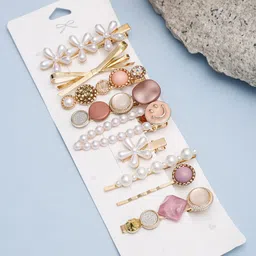 YouBella Women Set of 9 Gold-Toned & Pink Hair Accessory-image-23