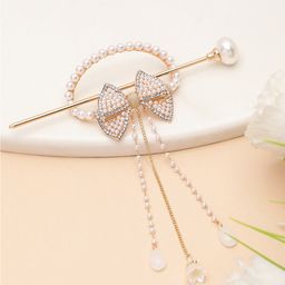 VOGUE PANASH Women Gold-Plated Pearl Studded Bow Shaped Hairstick-58