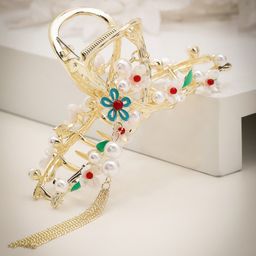 PANASH Gold-Plated Pearl Studded Floral Claw Clip-38