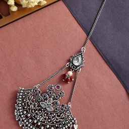 Voylla Silver Plated Artificial Stones Studded & Beads Maangtikka-image-35