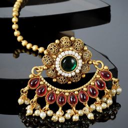 PANASH Gold-Plated Handcrafted Stone-Studded & Pearl-Beaded Maang Tikka-18