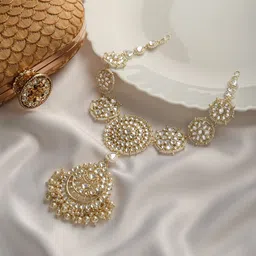 TEEJHStone-Studded & Beaded Polki Maangtika-image-83