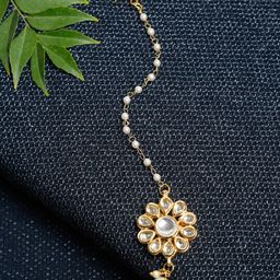 Ruby Raang Gold-Plated & White Faux Kundan-Studded Handcrafted Maang Tikka-image-46
