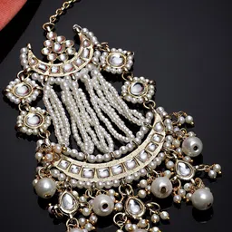 KARATCART Gold-Plated & White Kundan Studded & Beaded Jhumar Passa-image-81