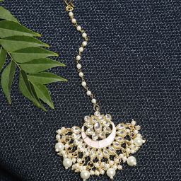 Ruby Raang Gold-Plated White Faux Kundan-Studded & Faux Pearl Beaded Handcrafted Maang Tika-image-48