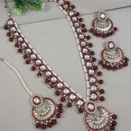 I Jewels Gold Plated Kundan & Pearls Studded & Beaded Jewellery Set-48