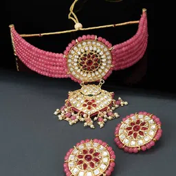 Zaveri Pearls Gold-Plated Pink & White Kundan Studded & Beaded Multistrand Jewellery Set-2