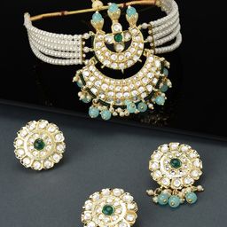 Zaveri Pearls Gold-Plated White & Blue Kundan Studded & Beaded Jewellery Set-image-47