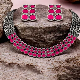 ORANGENYSHA Rhodium Plated German Silver Stone Studded Oxidised Choker Jewellery Set-47