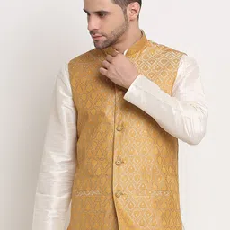 KRAFT INDIA Men Gold-Coloured Jacquard Woven Design Nehru Jacket-picture-29